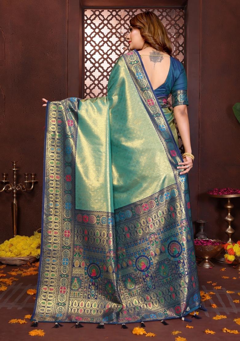 Sea Green Woven Silk Blend Saree Set - Indya