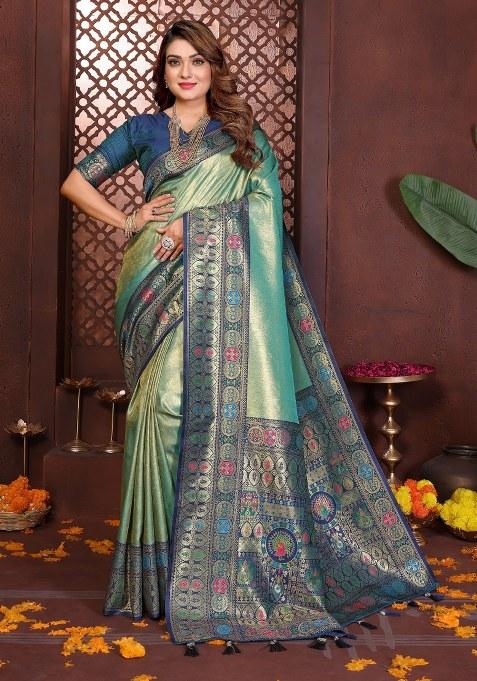Sea Green Woven Silk Blend Saree Set