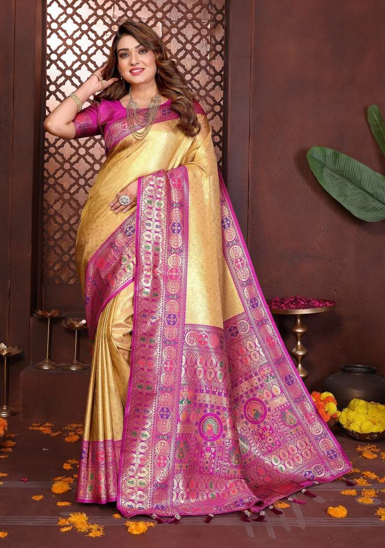 Yellow Woven Silk Blend Saree Set for Diwali | Wedding & Festive Wear - Indya