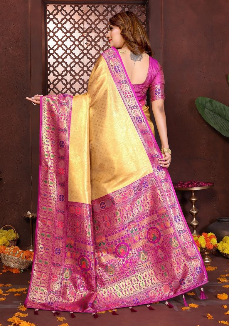 Yellow Woven Silk Blend Saree Set - Indya