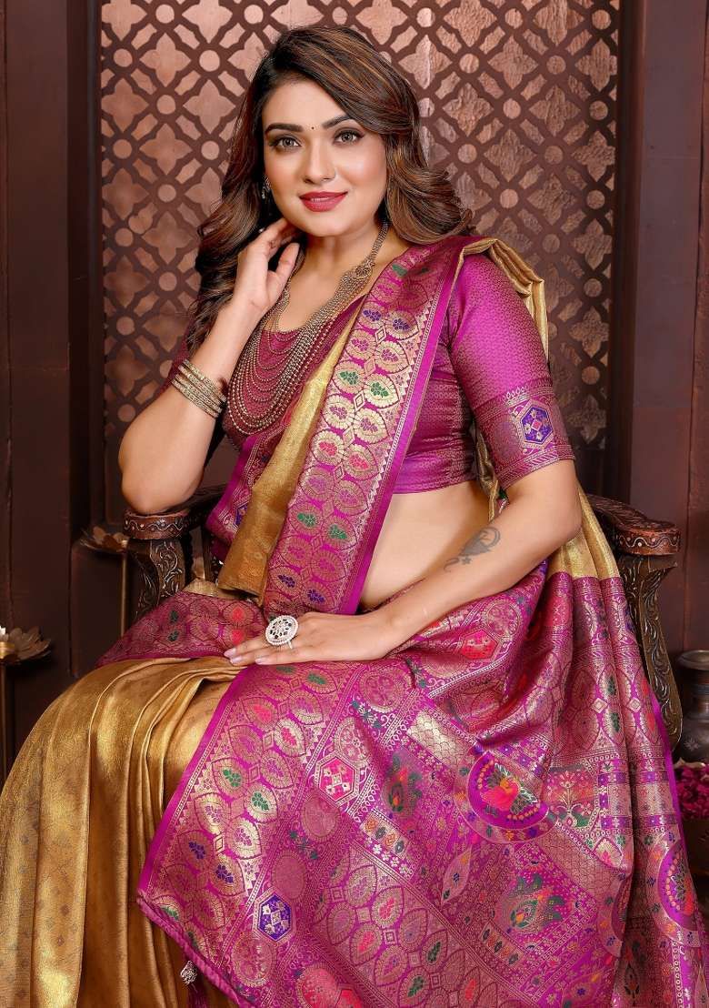 Yellow Woven Silk Blend Saree Set for Diwali | Wedding & Festive Wear - Indya