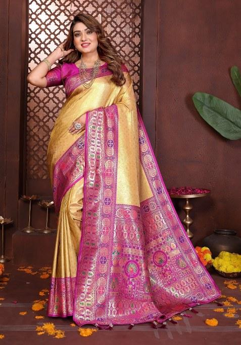 Yellow Woven Silk Blend Saree Set
