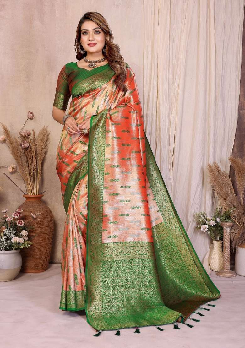 Rust Woven Silk Blend Saree Set for Diwali | Wedding & Festive Wear - Indya