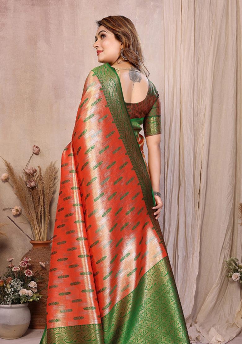 Rust Woven Silk Blend Saree Set - Indya