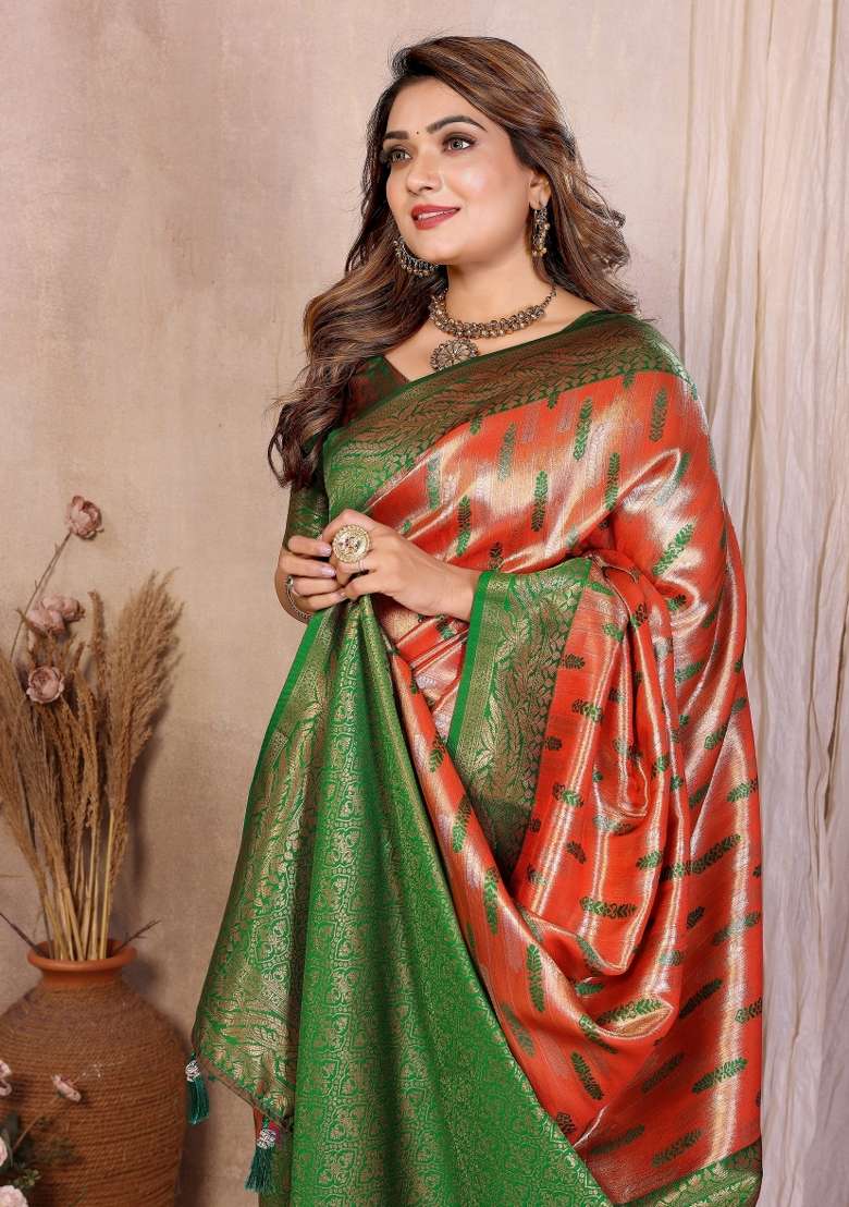 Rust Woven Silk Blend Saree Set for Diwali | Wedding & Festive Wear - Indya