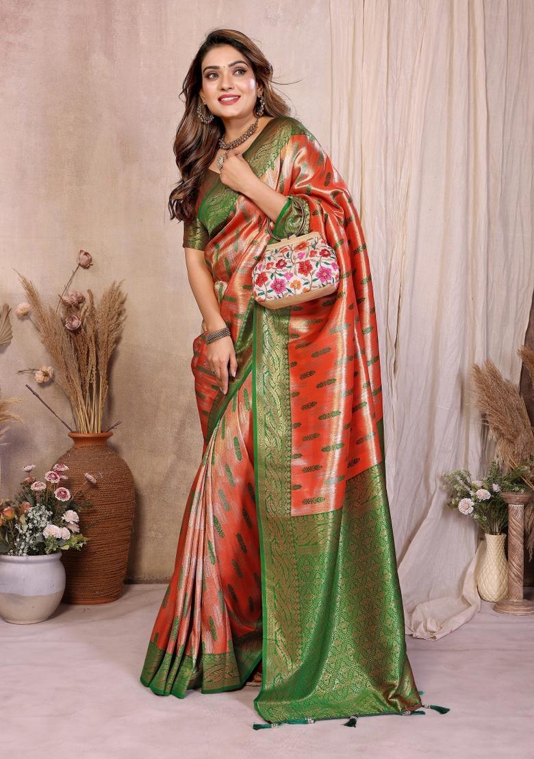 Rust Woven Silk Blend Saree Set - Indya
