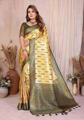 Yellow Woven Silk Blend Saree Set
