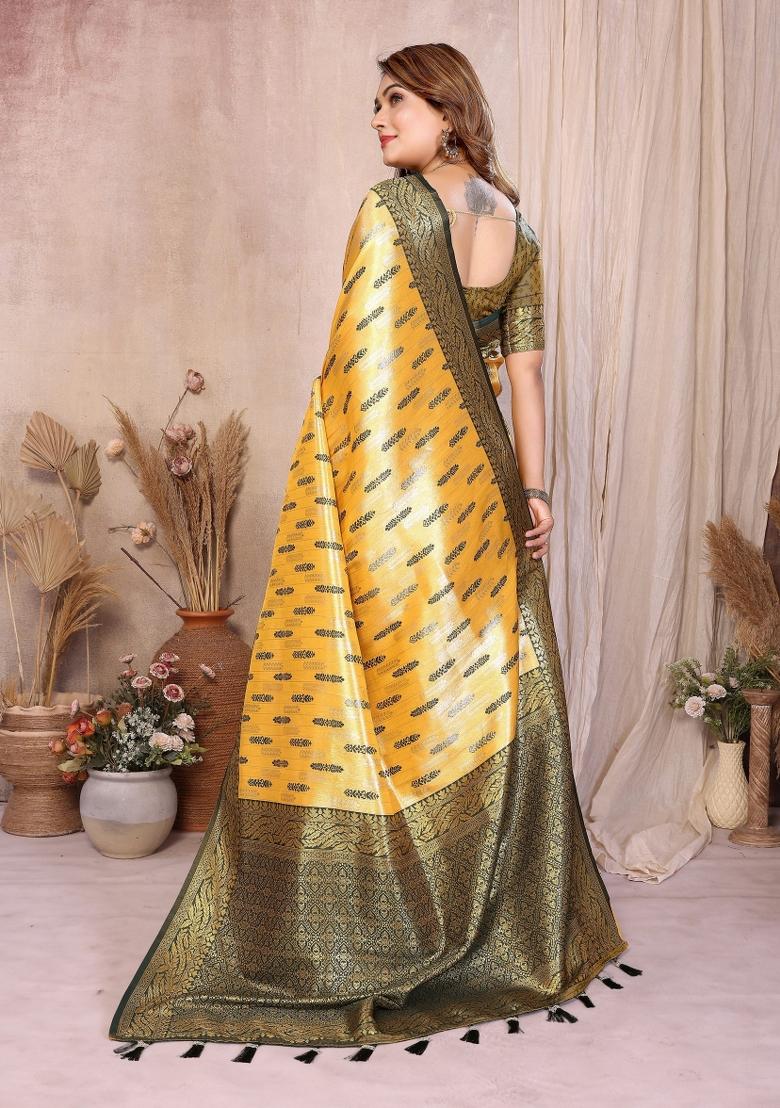 Yellow Woven Silk Blend Saree Set - Indya