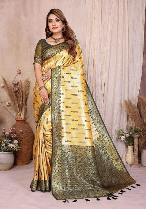 Yellow Woven Silk Blend Saree Set