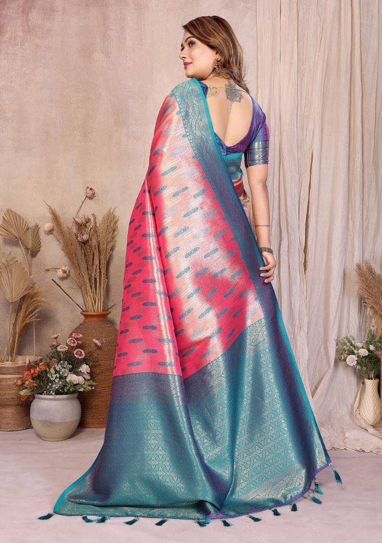 Pink Woven Silk Blend Saree Set - Indya