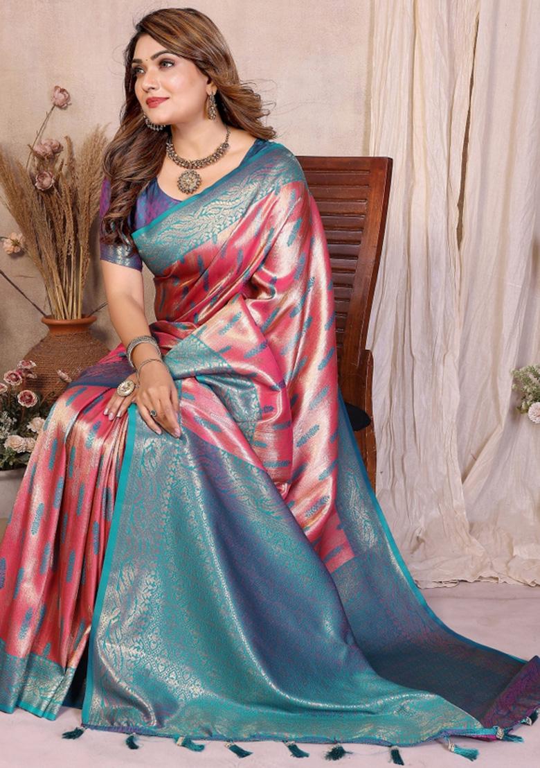 Pink Woven Silk Blend Saree Set - Indya