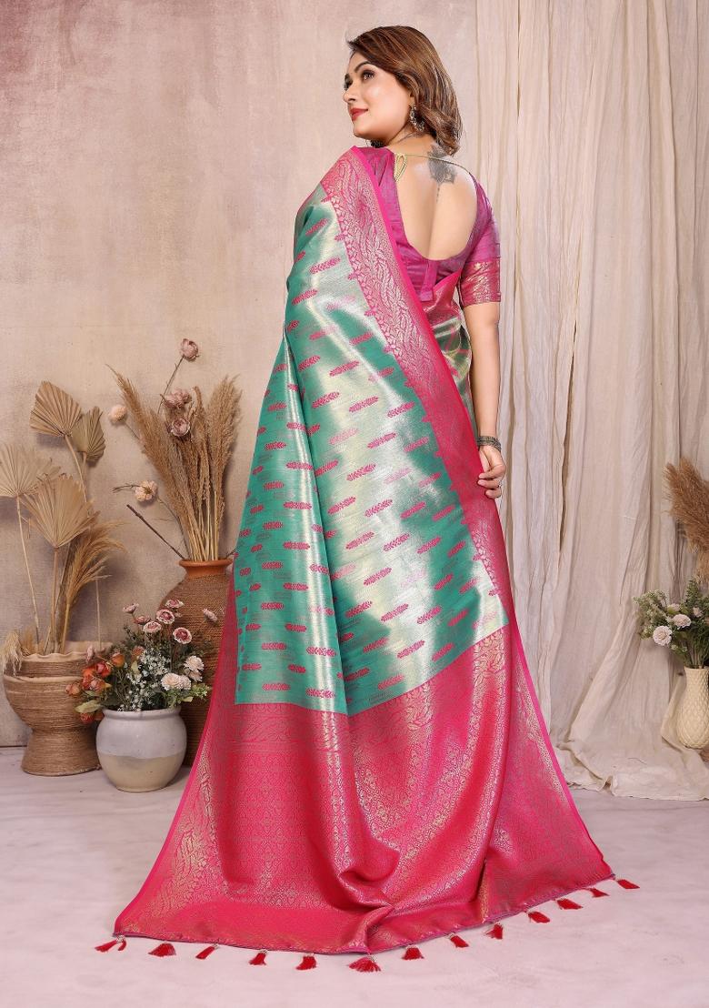 Sea Green Woven Silk Blend Saree Set - Indya