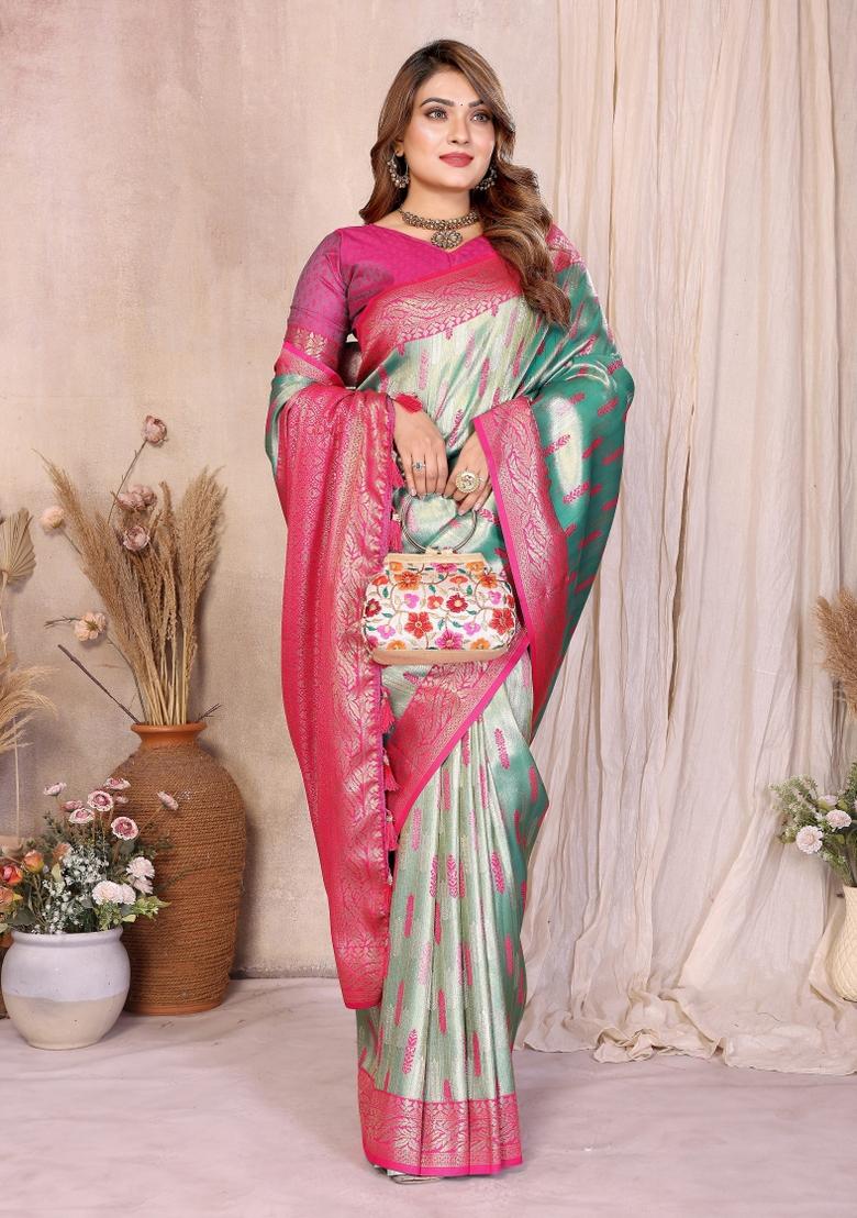 Sea Green Woven Silk Blend Saree Set - Indya