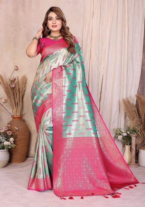 Sea Green Woven Silk Blend Saree Set