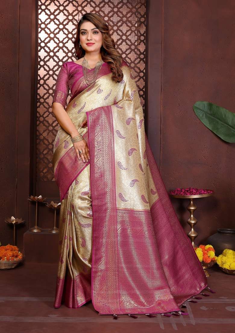 Cream Woven Silk Blend Saree Set for Diwali and Festive Wear - Indya