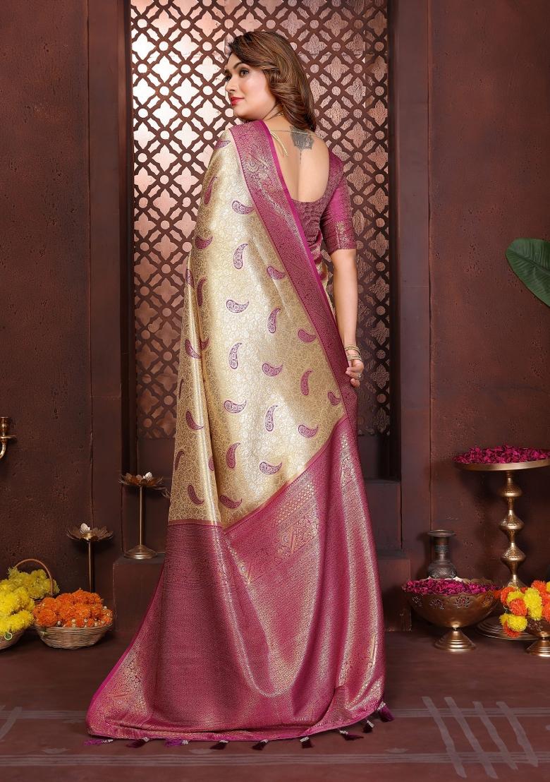 Cream Woven Silk Blend Saree Set - Indya