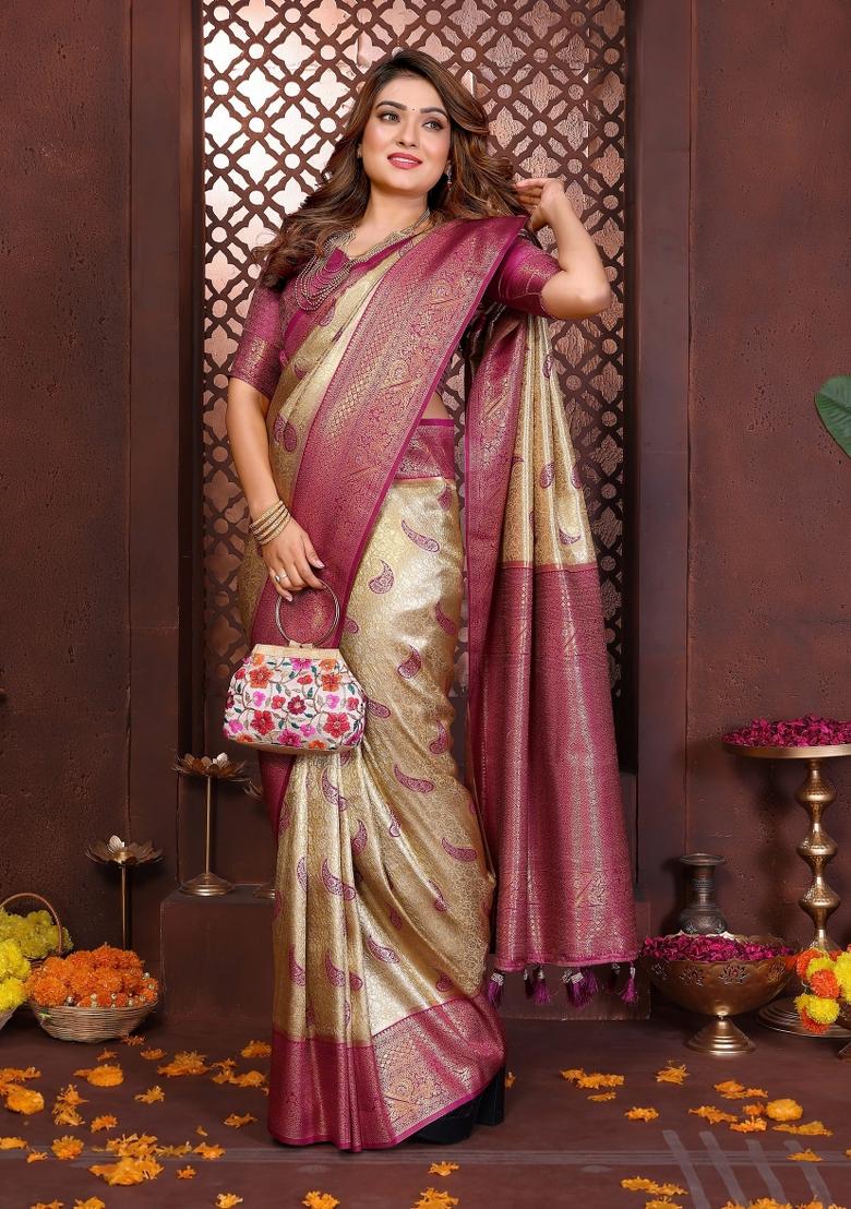 Cream Woven Silk Blend Saree Set - Indya