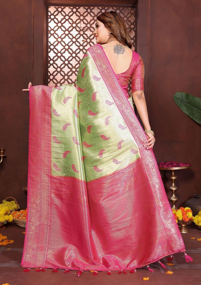 Green Woven Silk Blend Saree Set - Indya