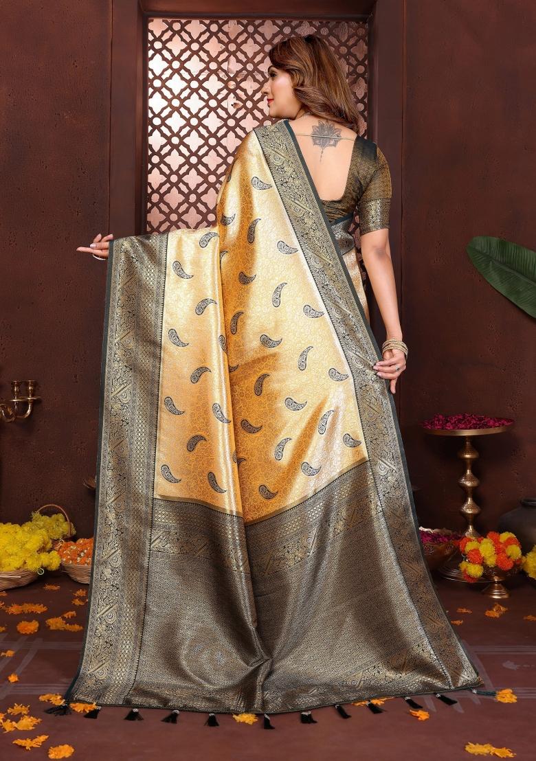 Yellow Woven Silk Blend Saree Set - Indya