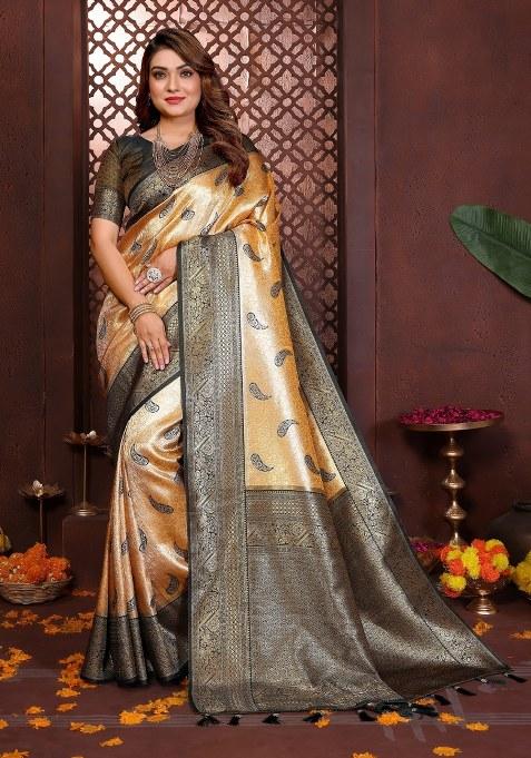 Yellow Woven Silk Blend Saree Set