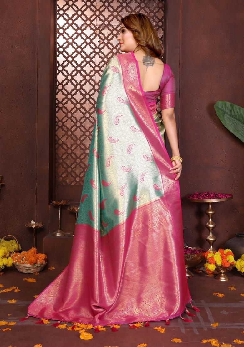 Sky Blue Woven Silk Blend Saree Set - Indya