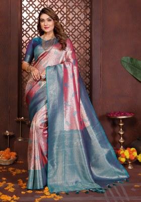 Pink Woven Silk Blend Saree Set