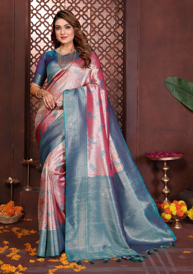 Pink Woven Silk Blend Saree Set for Diwali and Festive Wear - Indya