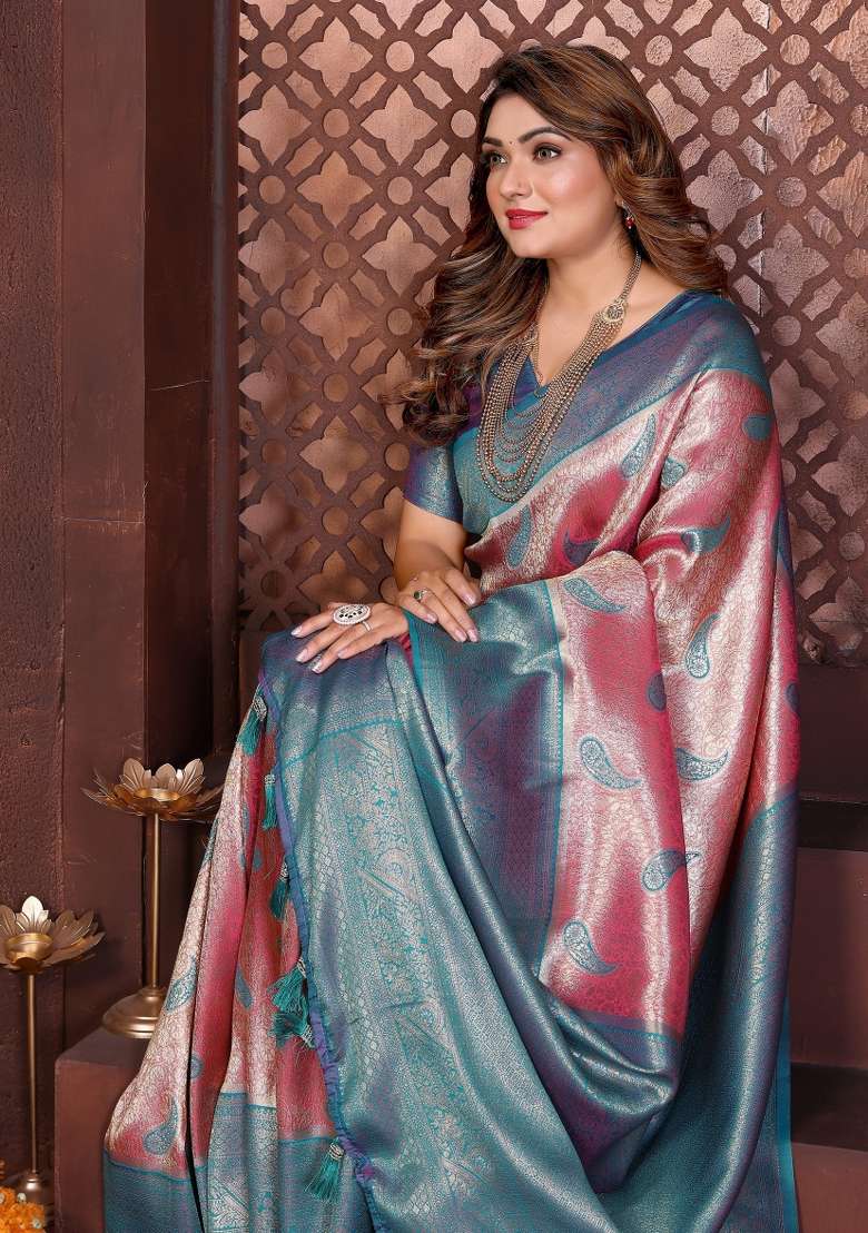 Pink Woven Silk Blend Saree Set for Diwali and Festive Wear - Indya