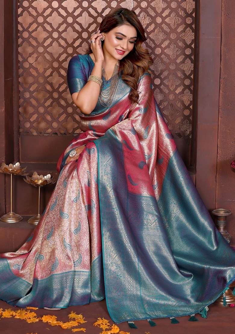 Pink Woven Silk Blend Saree Set for Diwali and Festive Wear - Indya