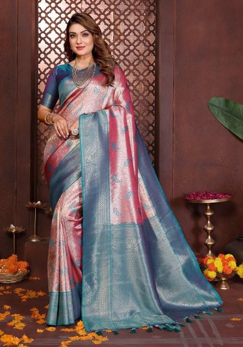 Pink Woven Silk Blend Saree Set