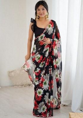 Black Printed Faux Georgette Saree Set