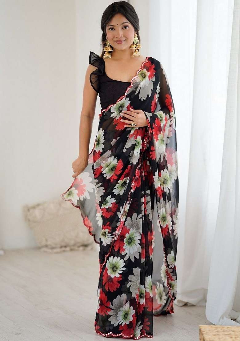 Black Printed Faux Georgette Saree Set for Diwali and Festive Wear - Indya