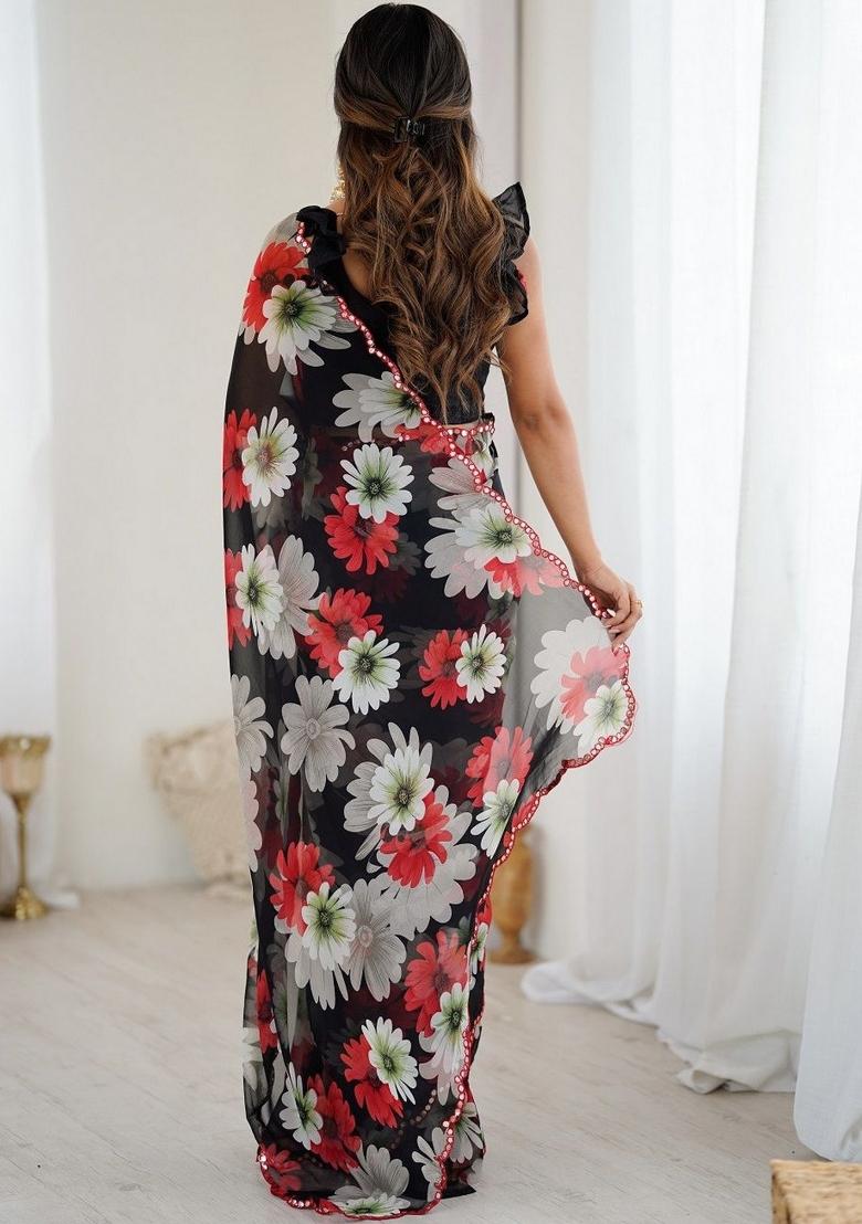 Black Printed Faux Georgette Saree Set - Indya