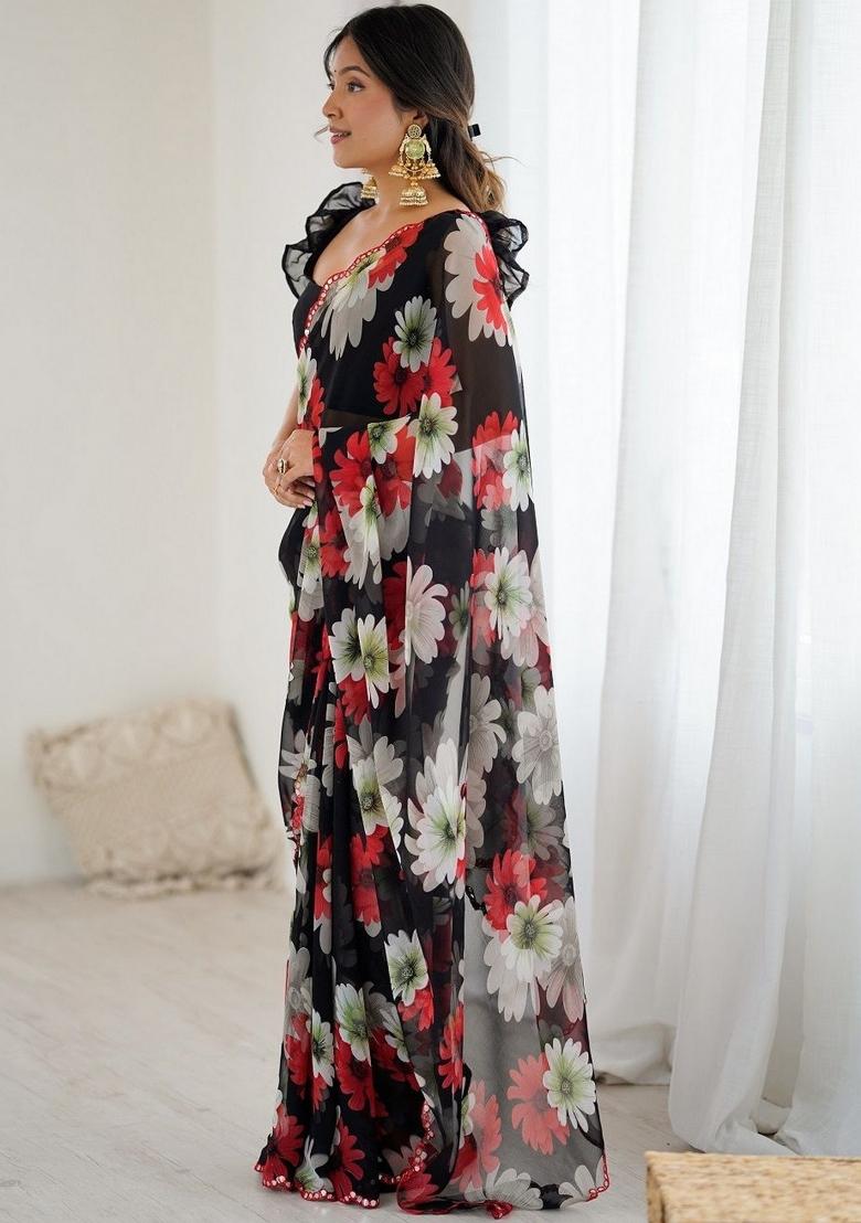 Black Printed Faux Georgette Saree Set - Indya