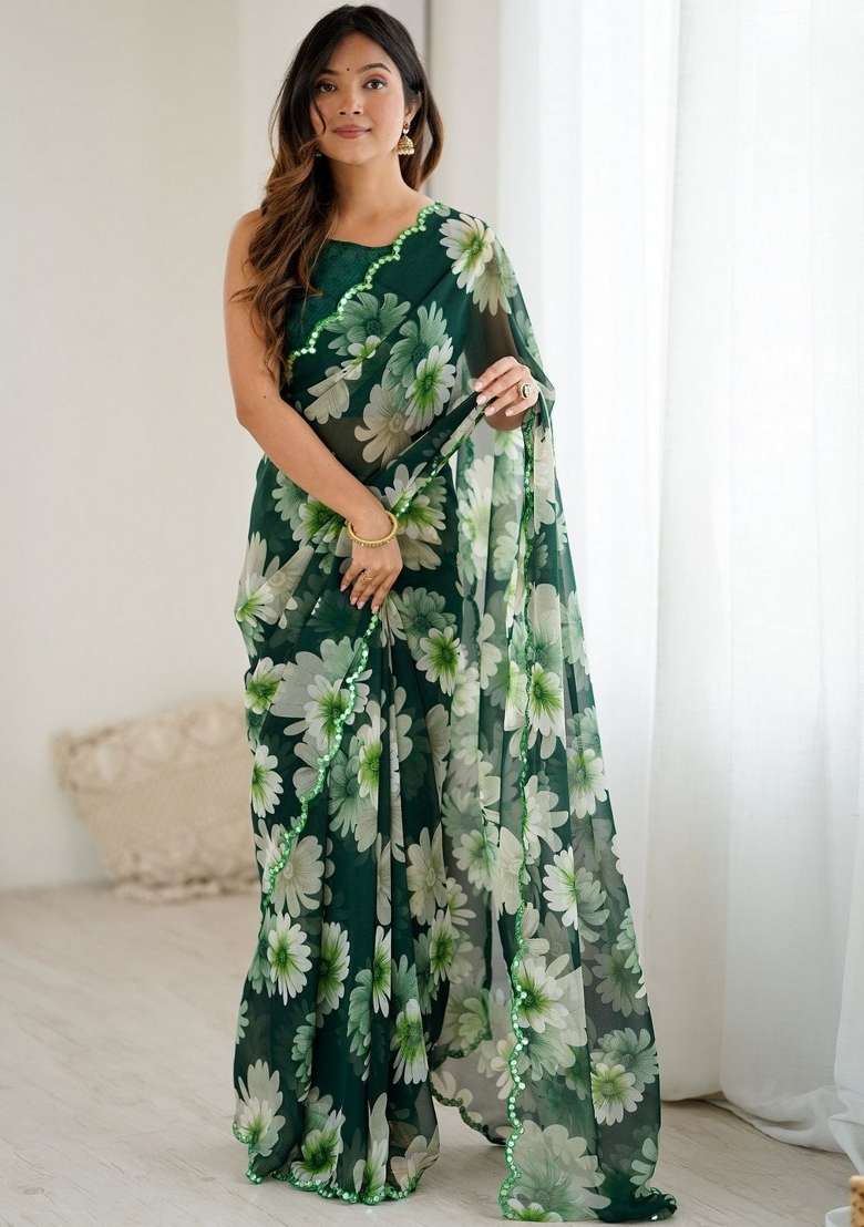 Green Faux Georgette Saree Set with Printed for Diwali | Wedding & Festive Wear - Indya