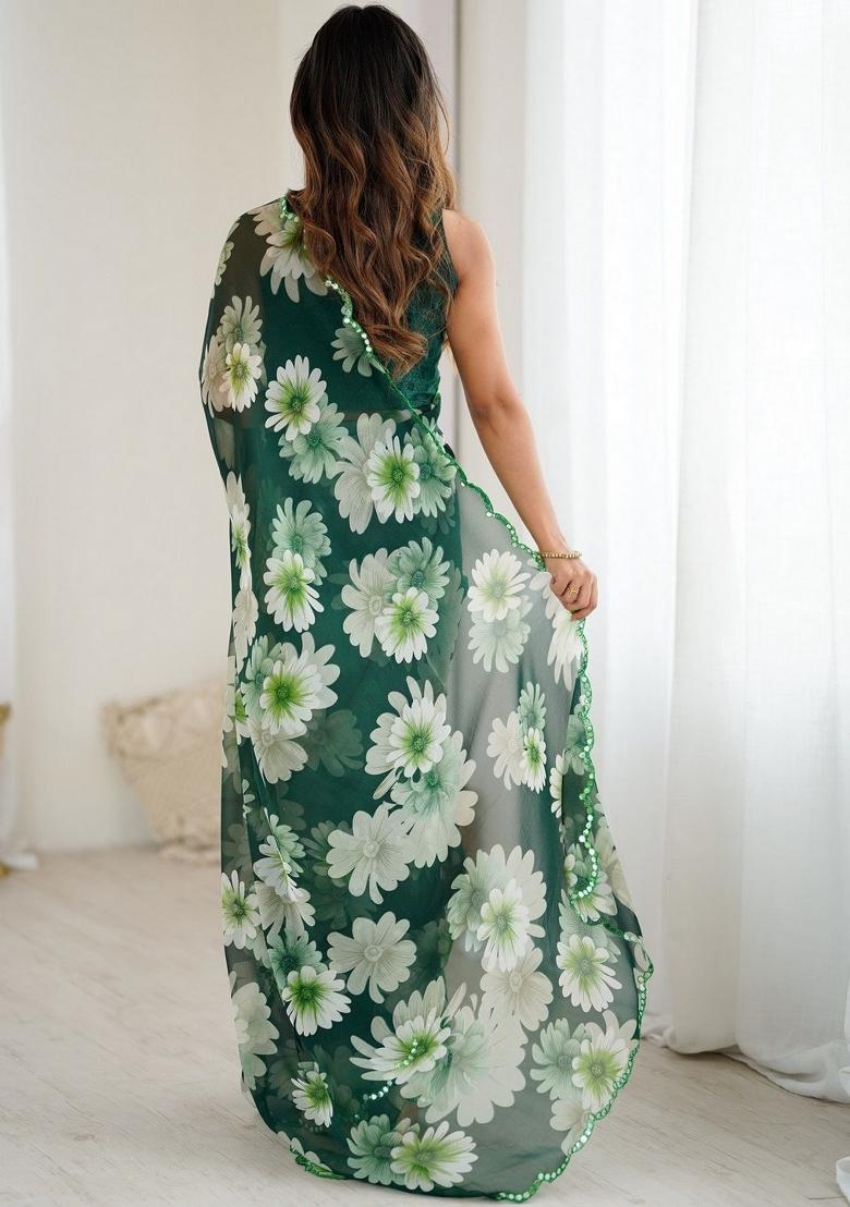 Green Printed Faux Georgette Saree Set - Indya