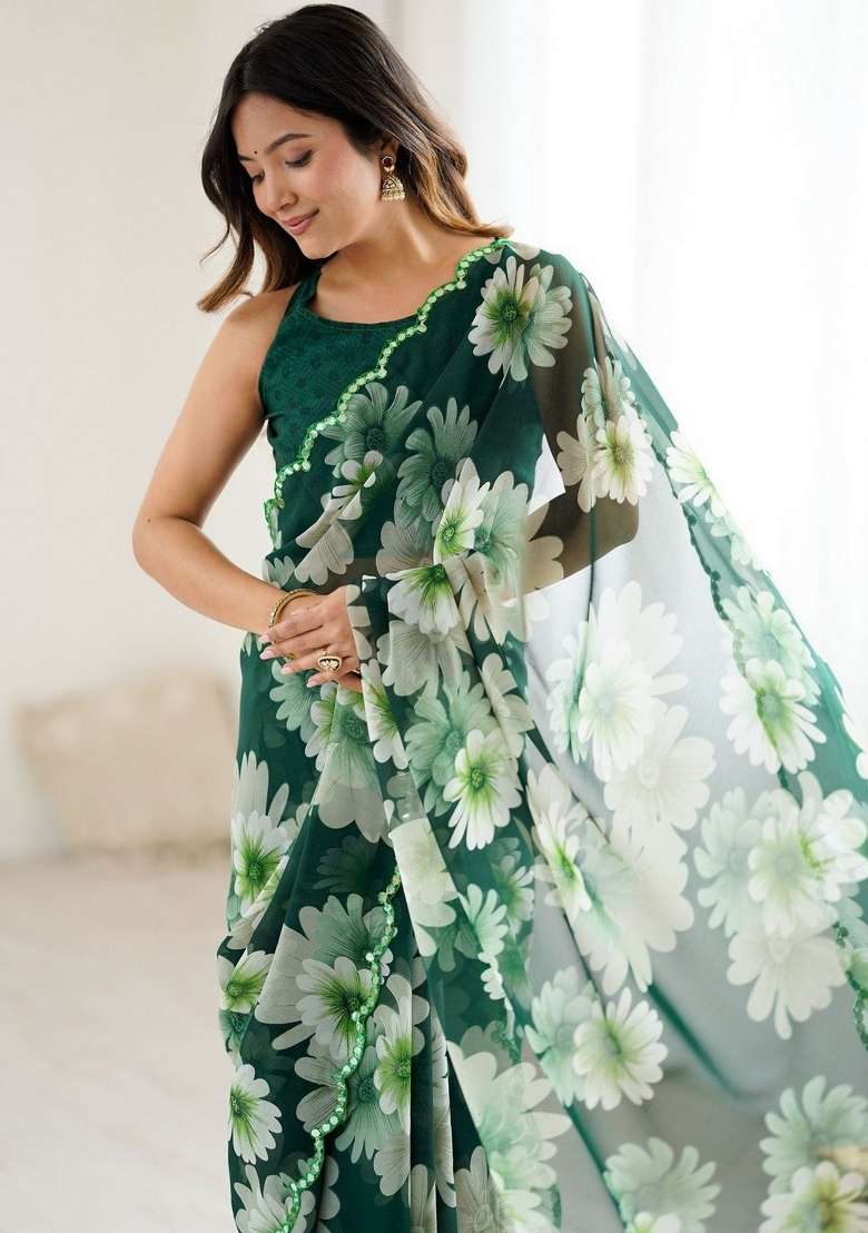 Green Faux Georgette Saree Set with Printed for Diwali | Wedding & Festive Wear - Indya