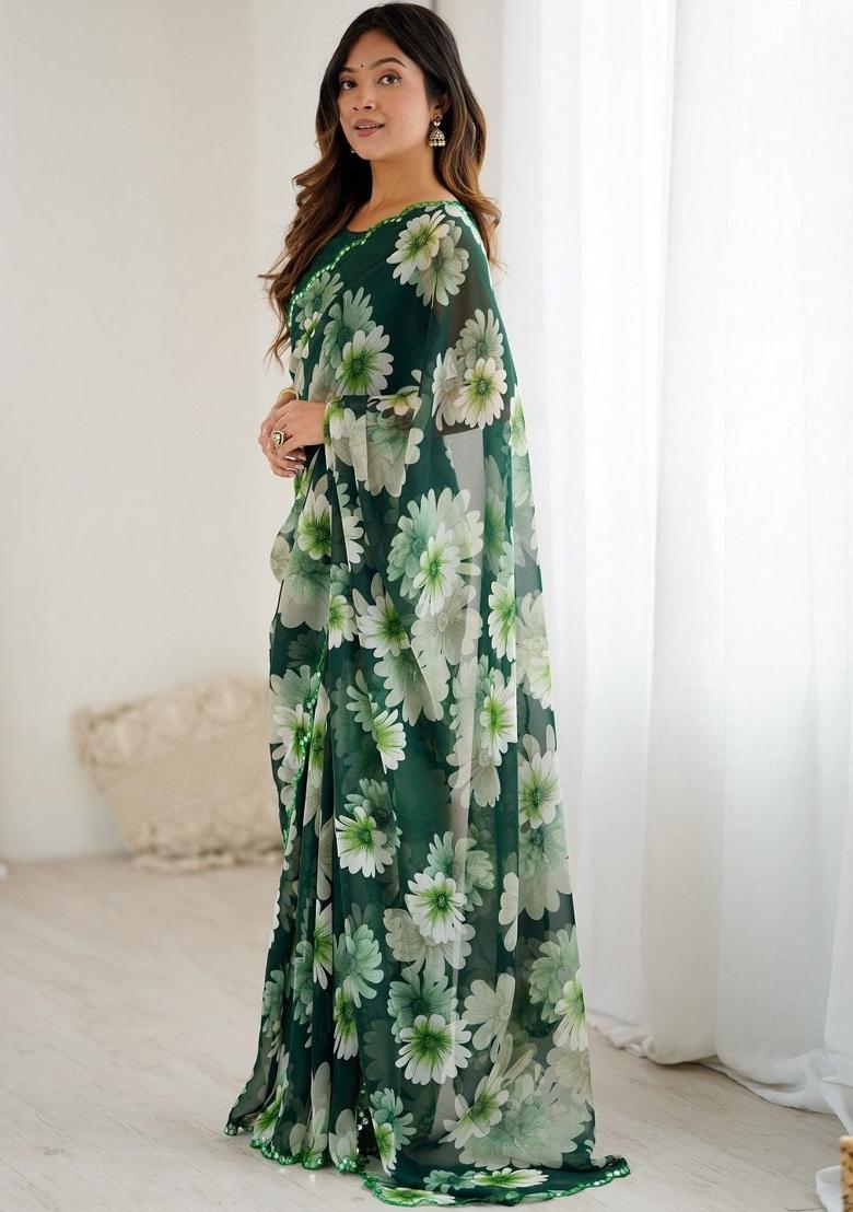 Green Printed Faux Georgette Saree Set - Indya