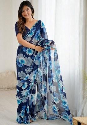 Blue Printed Faux Georgette Saree Set