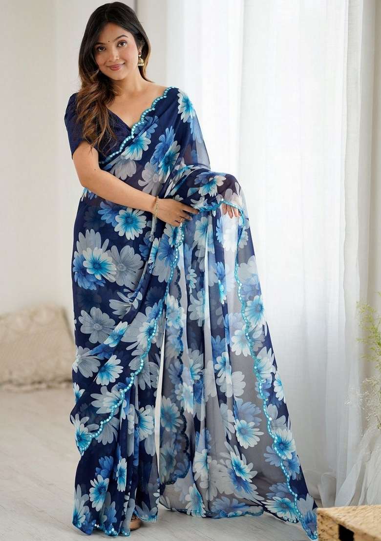 Blue Faux Georgette Saree Set with Printed for Diwali | Wedding & Festive Wear - Indya