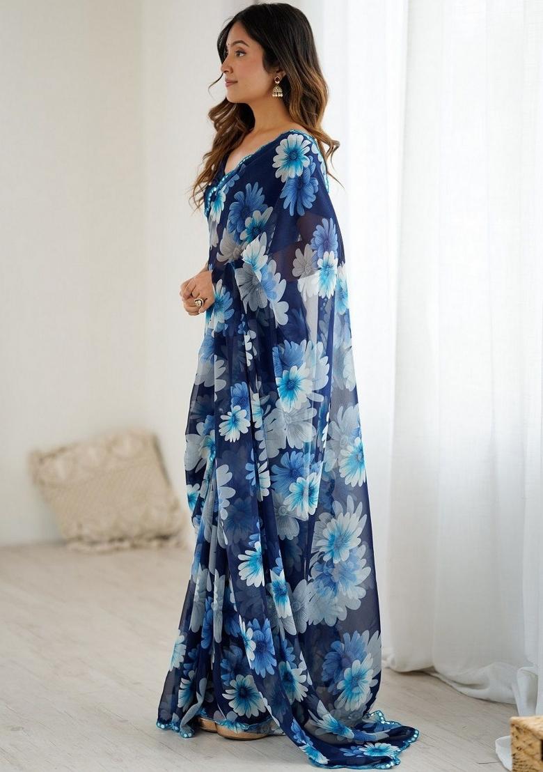 Blue Printed Faux Georgette Saree Set - Indya