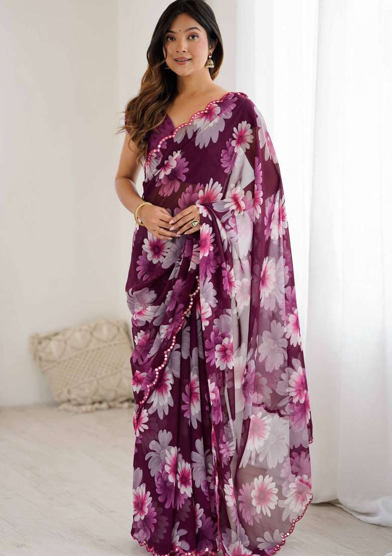 Wine Faux Georgette Saree Set with Printed for Diwali | Wedding & Festive Wear - Indya