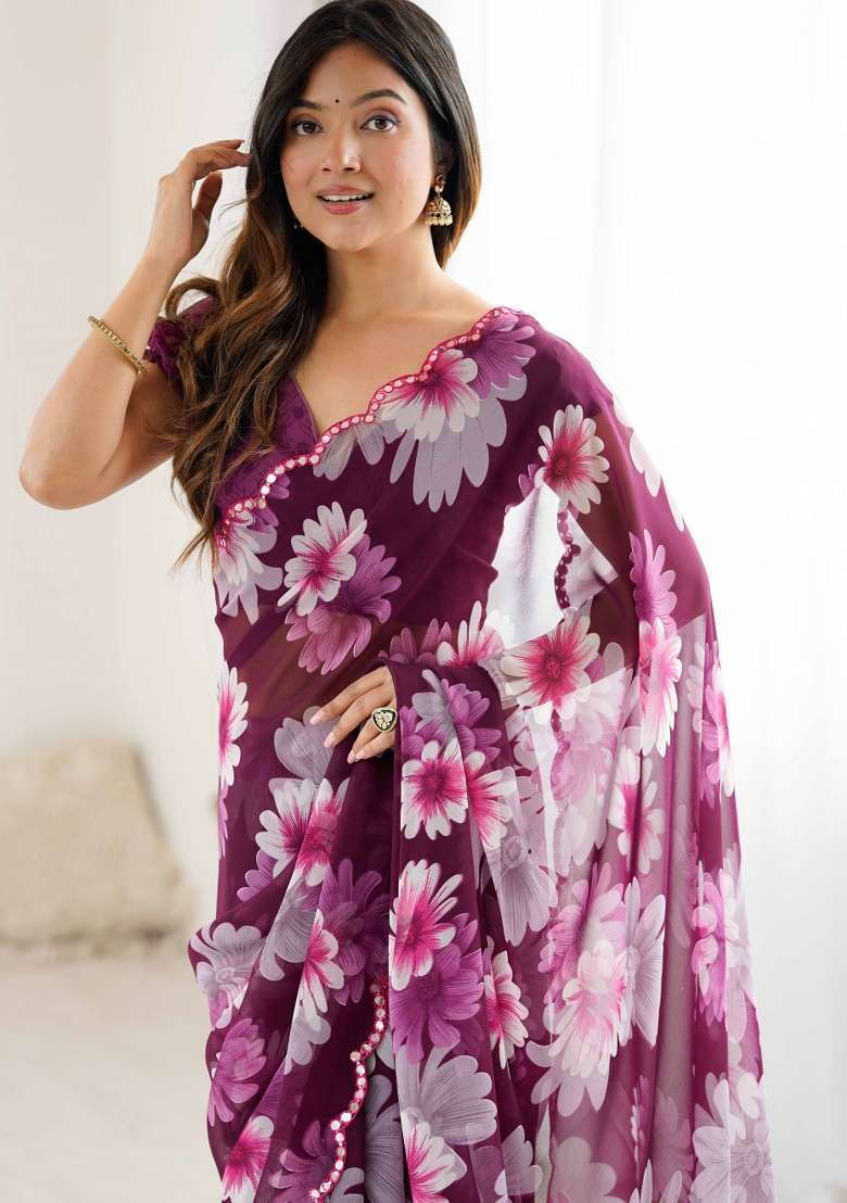 Wine Faux Georgette Saree Set with Printed for Diwali | Wedding & Festive Wear - Indya