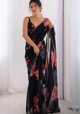 Black Printed Faux Georgette Saree Set