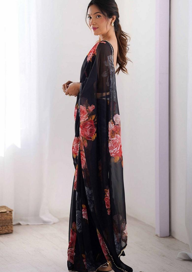 Black Printed Faux Georgette Saree Set - Indya