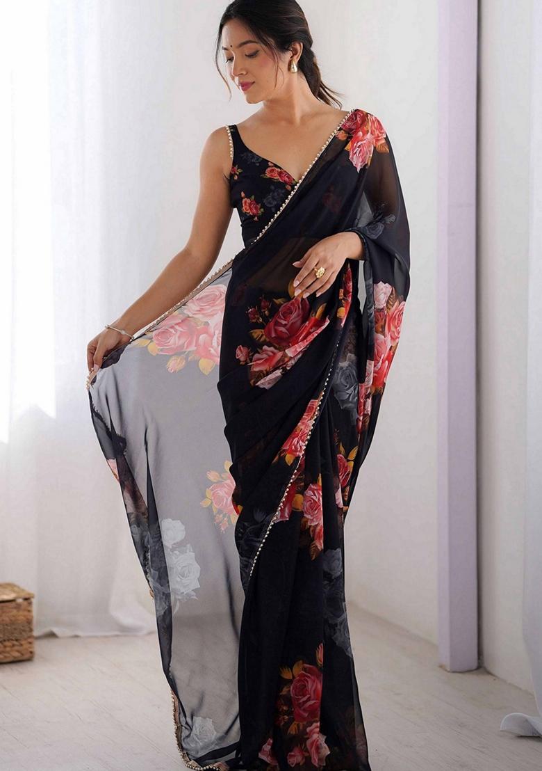 Black Printed Faux Georgette Saree Set - Indya
