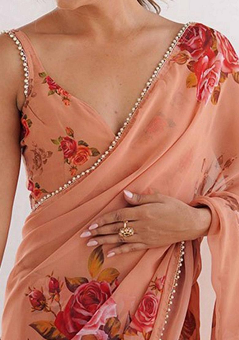 Peach Printed Faux Georgette Saree Set - Indya