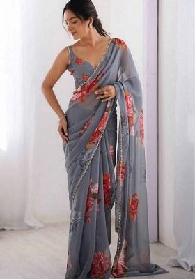 Grey Printed Faux Georgette Saree Set