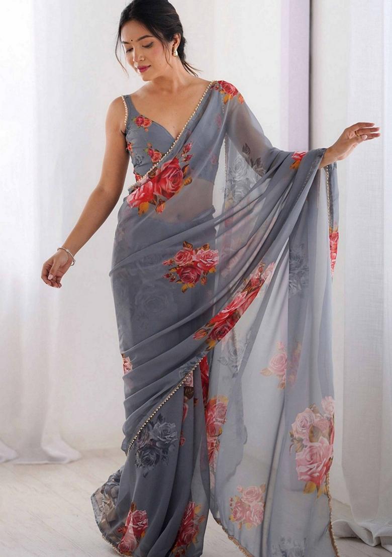 Grey Printed Faux Georgette Saree Set - Indya