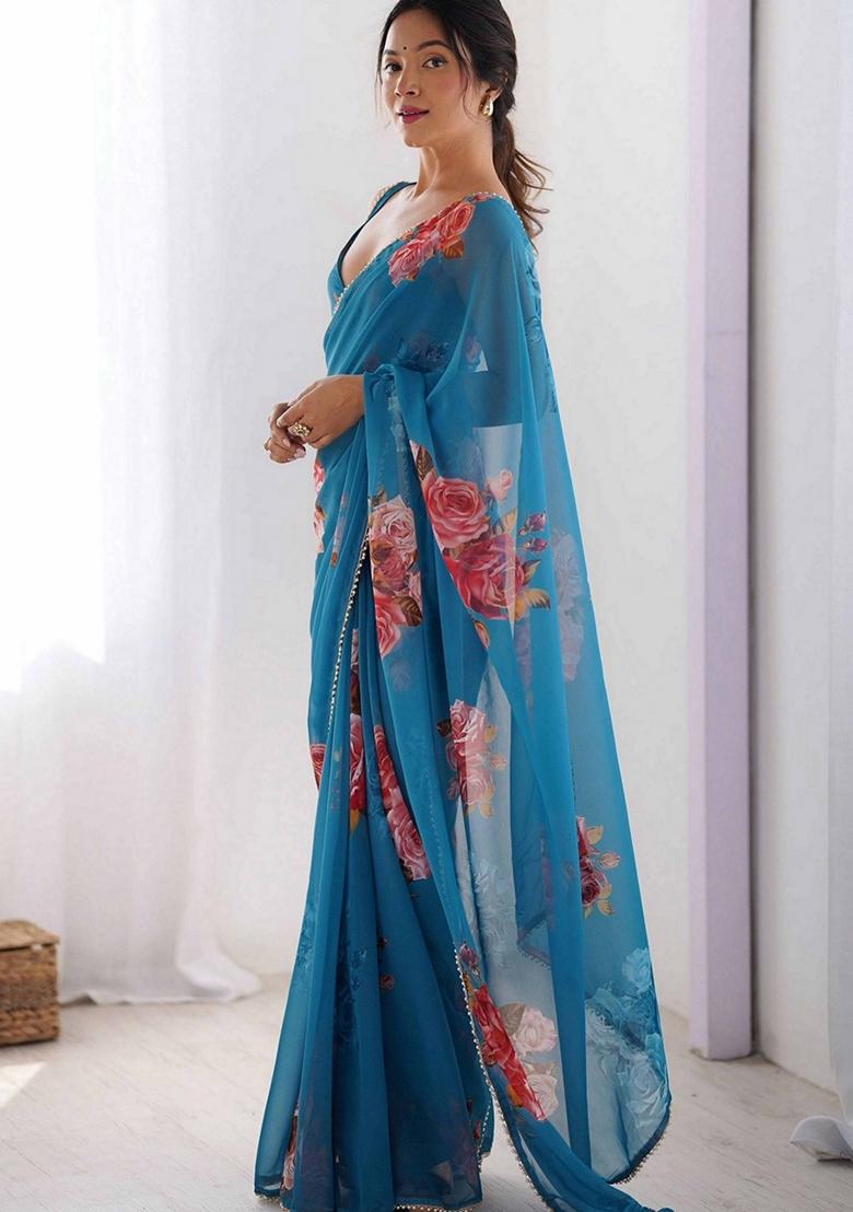 Blue Printed Faux Georgette Saree Set - Indya